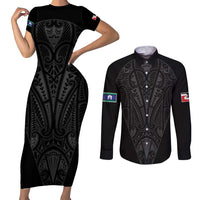Queensland Maori Rugby Nga Hau e Wha Couples Matching Short Sleeve Bodycon Dress and Long Sleeve Button Shirt Black Motif LT9 Black - Polynesian Pride
