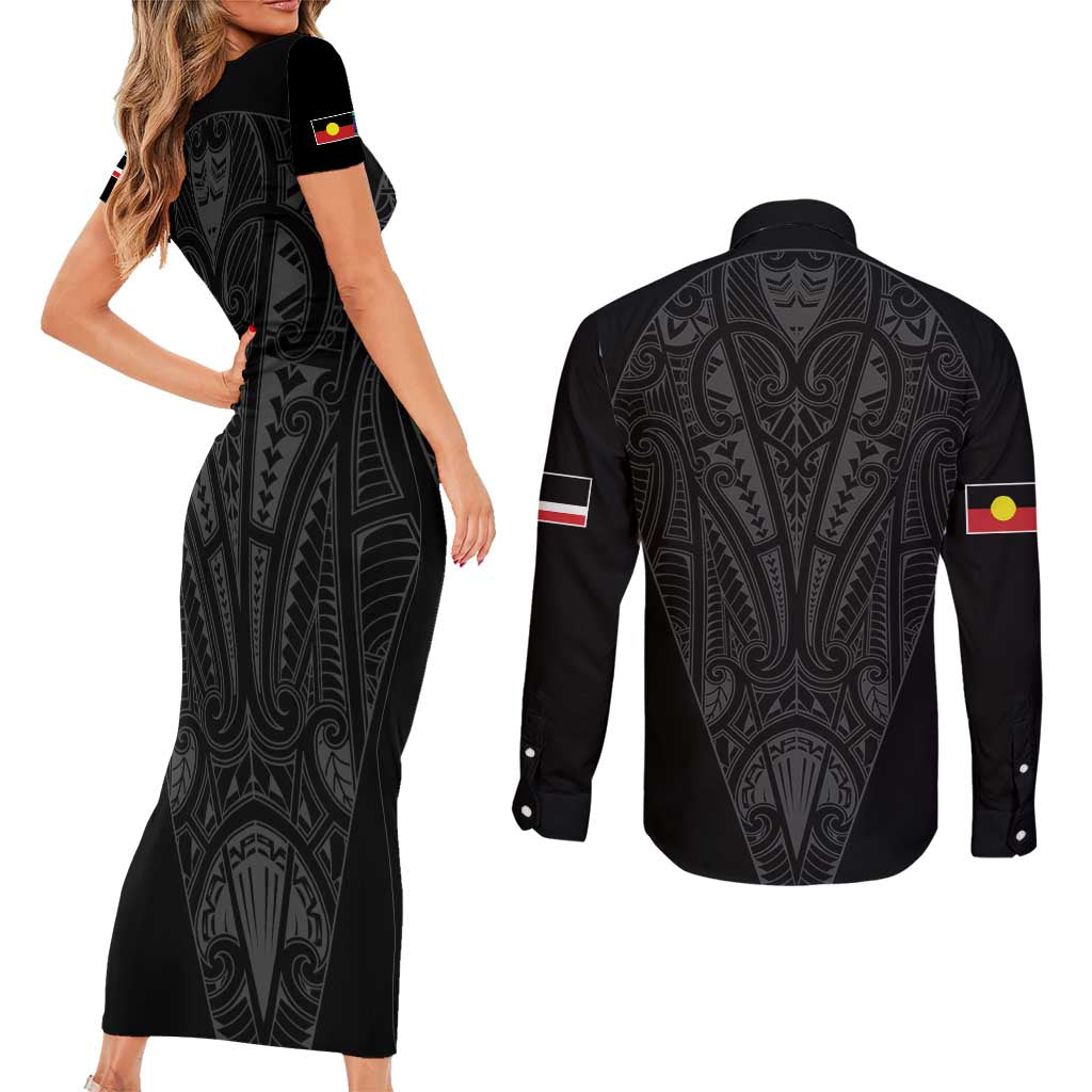 Queensland Maori Rugby Nga Hau e Wha Couples Matching Short Sleeve Bodycon Dress and Long Sleeve Button Shirt Black Motif LT9 - Polynesian Pride