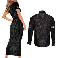 Queensland Maori Rugby Nga Hau e Wha Couples Matching Short Sleeve Bodycon Dress and Long Sleeve Button Shirt Black Motif LT9 - Polynesian Pride