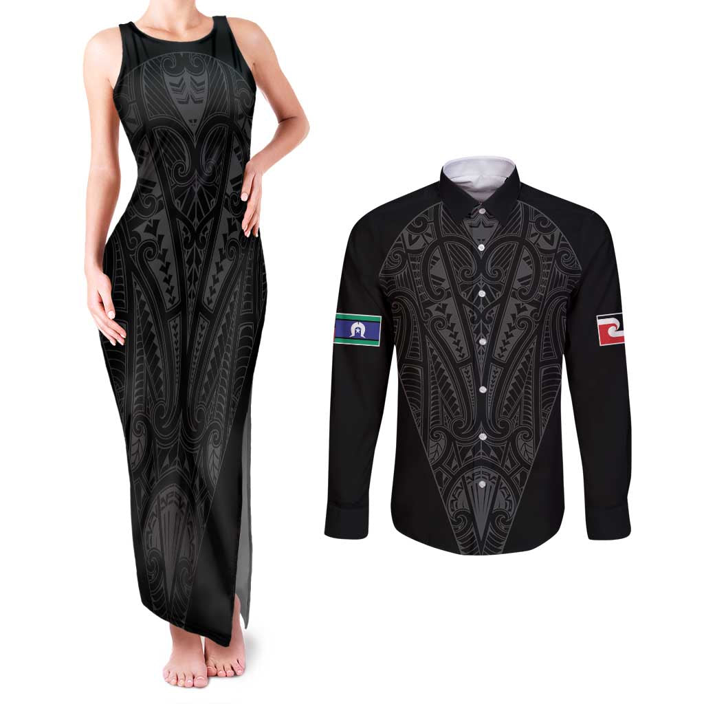 Queensland Maori Rugby Nga Hau e Wha Couples Matching Tank Maxi Dress and Long Sleeve Button Shirt Black Motif LT9 Black - Polynesian Pride