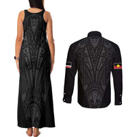 Queensland Maori Rugby Nga Hau e Wha Couples Matching Tank Maxi Dress and Long Sleeve Button Shirt Black Motif LT9 - Polynesian Pride