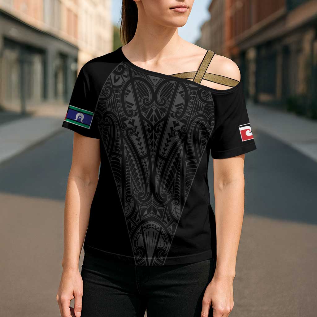 Queensland Maori Rugby Nga Hau e Wha Cross Shoulder Shirt Black Motif - Polynesian Pride