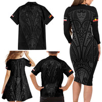 Queensland Maori Rugby Nga Hau e Wha Family Matching Long Sleeve Bodycon Dress and Hawaiian Shirt Black Motif LT9 - Polynesian Pride