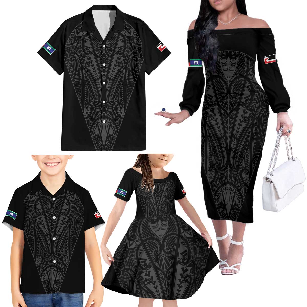 Queensland Maori Rugby Nga Hau e Wha Family Matching Off The Shoulder Long Sleeve Dress and Hawaiian Shirt Black Motif LT9 - Polynesian Pride