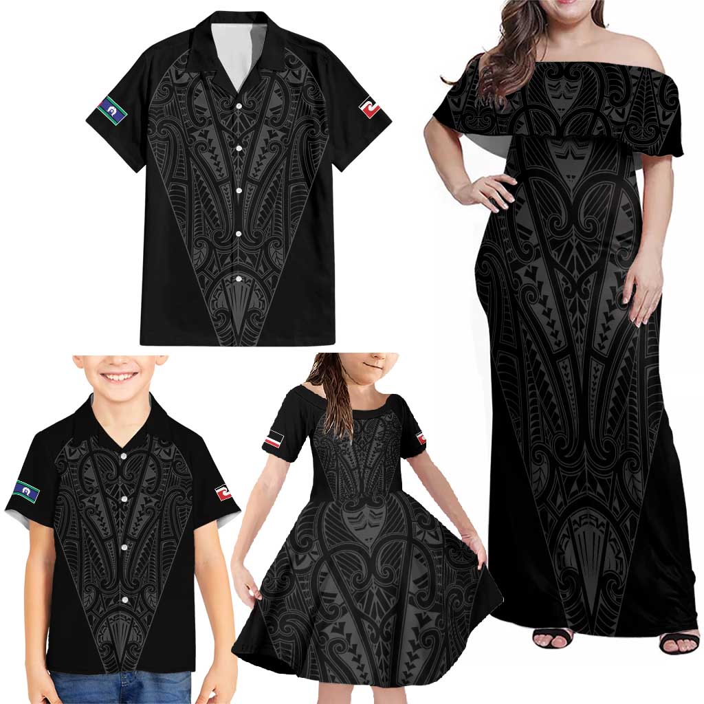 Queensland Maori Rugby Nga Hau e Wha Family Matching Off Shoulder Maxi Dress and Hawaiian Shirt Black Motif LT9 - Polynesian Pride