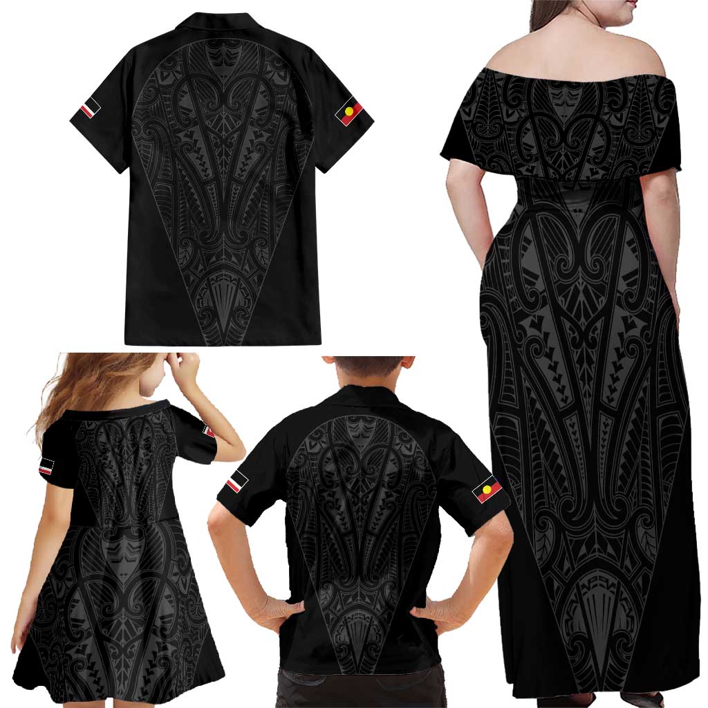 Queensland Maori Rugby Nga Hau e Wha Family Matching Off Shoulder Maxi Dress and Hawaiian Shirt Black Motif LT9 - Polynesian Pride