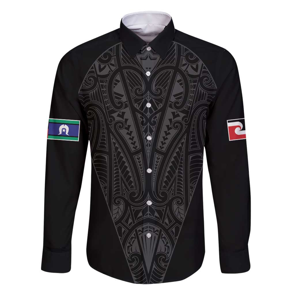 Queensland Maori Rugby Nga Hau e Wha Family Matching Off Shoulder Maxi Dress and Hawaiian Shirt Black Motif LT9 Dad's Shirt - Long Sleeve Black - Polynesian Pride