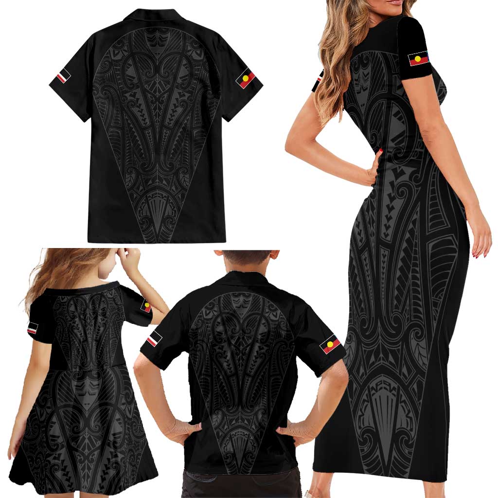 Queensland Maori Rugby Nga Hau e Wha Family Matching Short Sleeve Bodycon Dress and Hawaiian Shirt Black Motif LT9 - Polynesian Pride