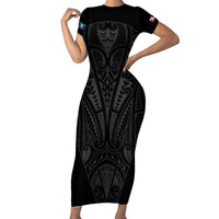 Queensland Maori Rugby Nga Hau e Wha Family Matching Short Sleeve Bodycon Dress and Hawaiian Shirt Black Motif LT9 Mom's Dress Black - Polynesian Pride