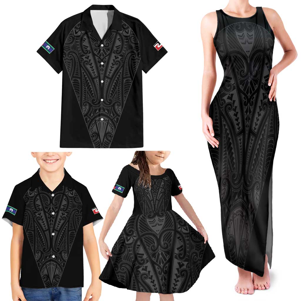 Queensland Maori Rugby Nga Hau e Wha Family Matching Tank Maxi Dress and Hawaiian Shirt Black Motif LT9 - Polynesian Pride