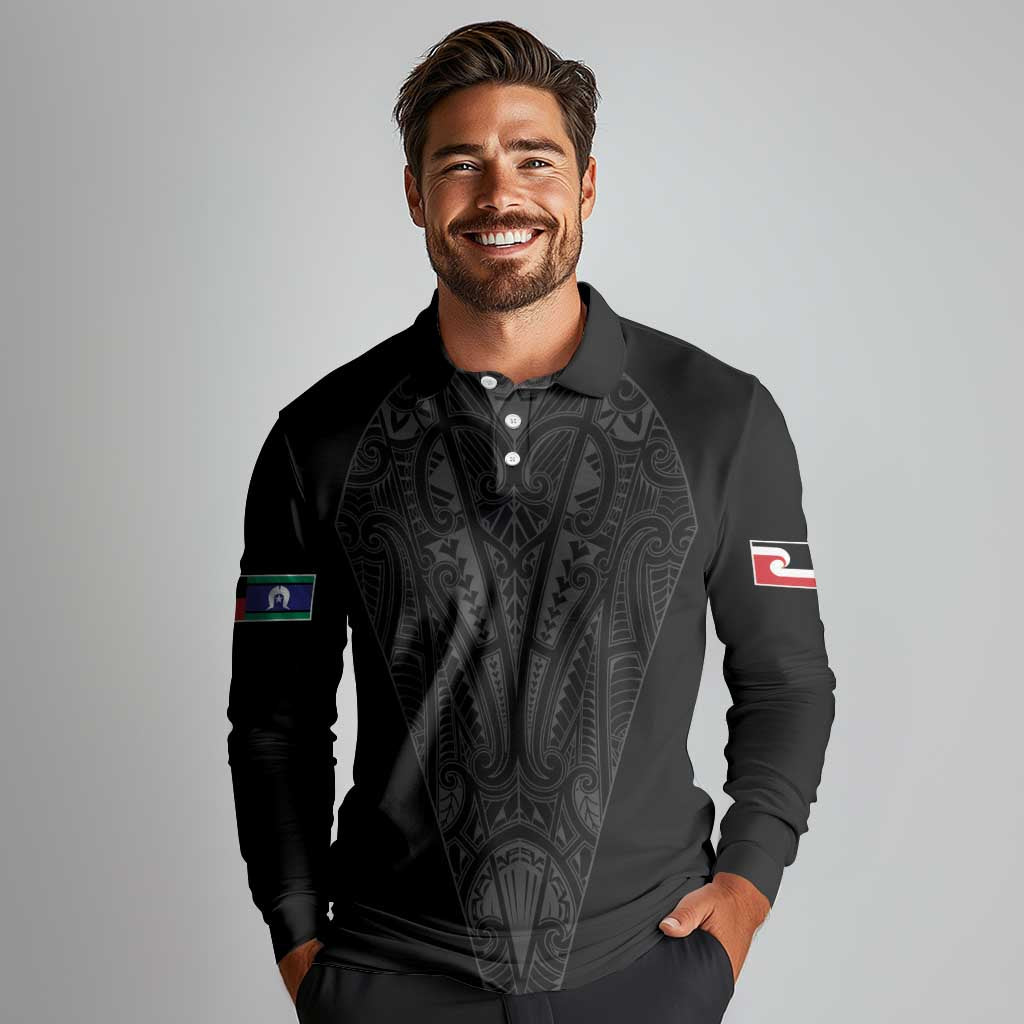 Queensland Maori Rugby Nga Hau e Wha Long Sleeve Polo Shirt Black Motif