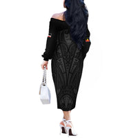 Queensland Maori Rugby Nga Hau e Wha Off The Shoulder Long Sleeve Dress Black Motif LT9 - Polynesian Pride