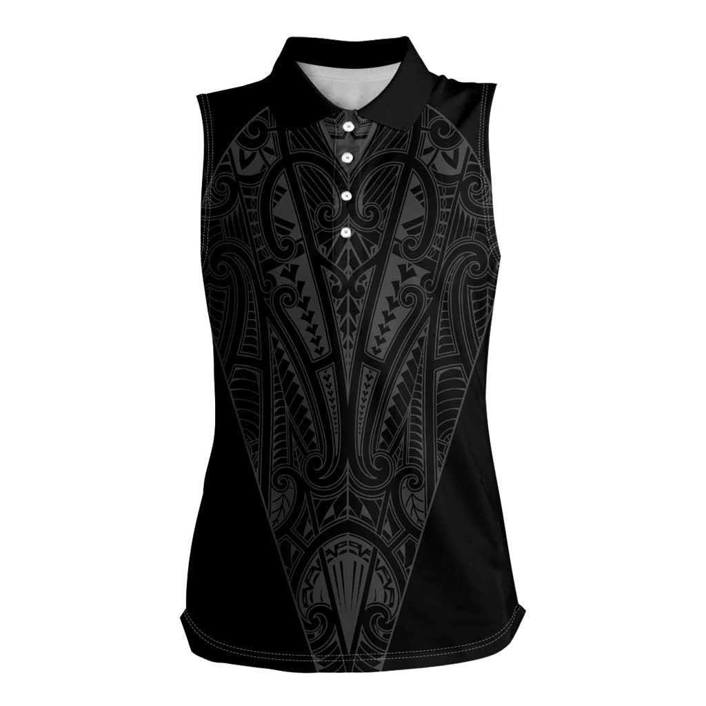Queensland Maori Rugby Nga Hau e Wha Women Sleeveless Polo Shirt Black Motif LT9 Female Black - Polynesian Pride