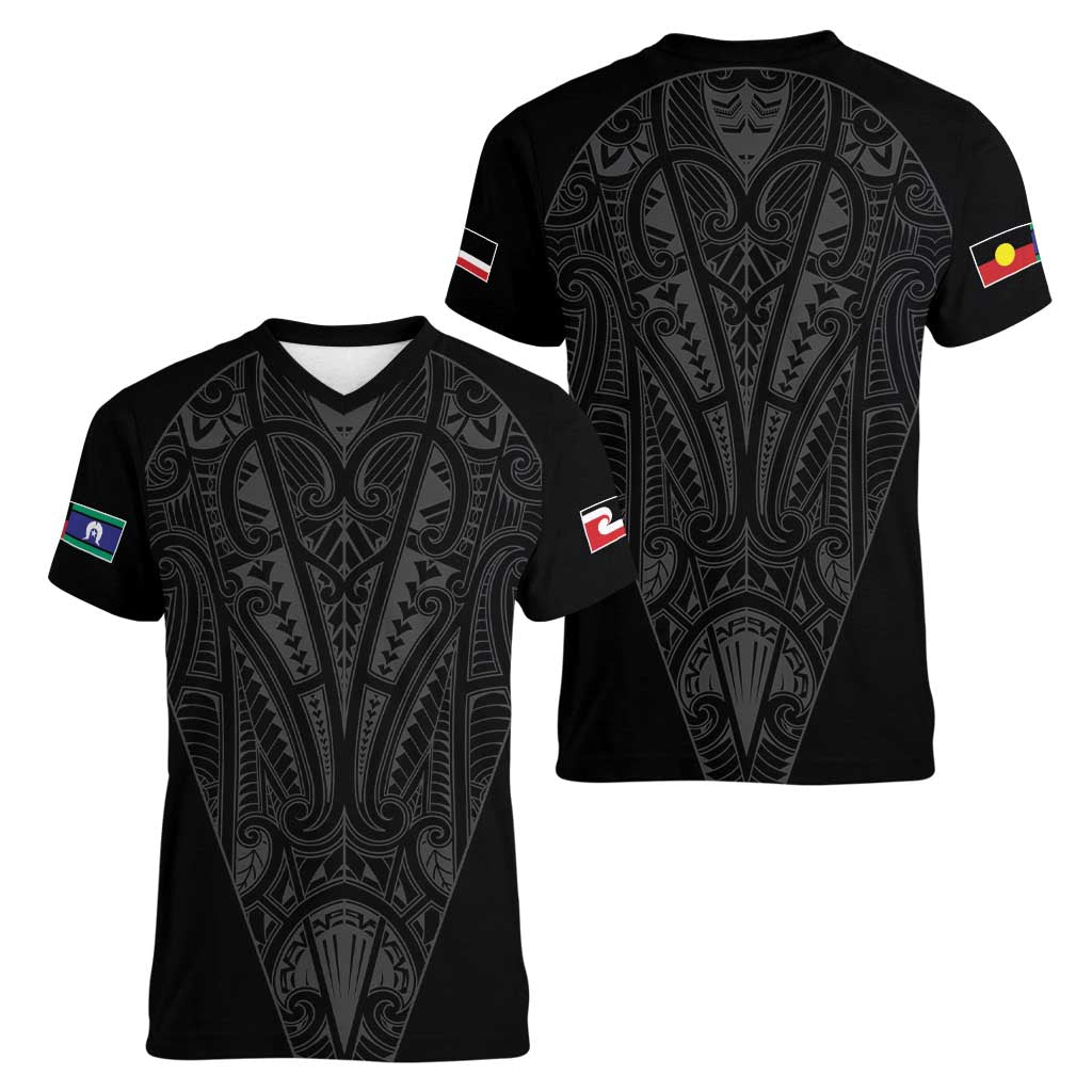 Queensland Maori Rugby Nga Hau e Wha Women V-Neck T-Shirt Black Motif LT9 - Polynesian Pride