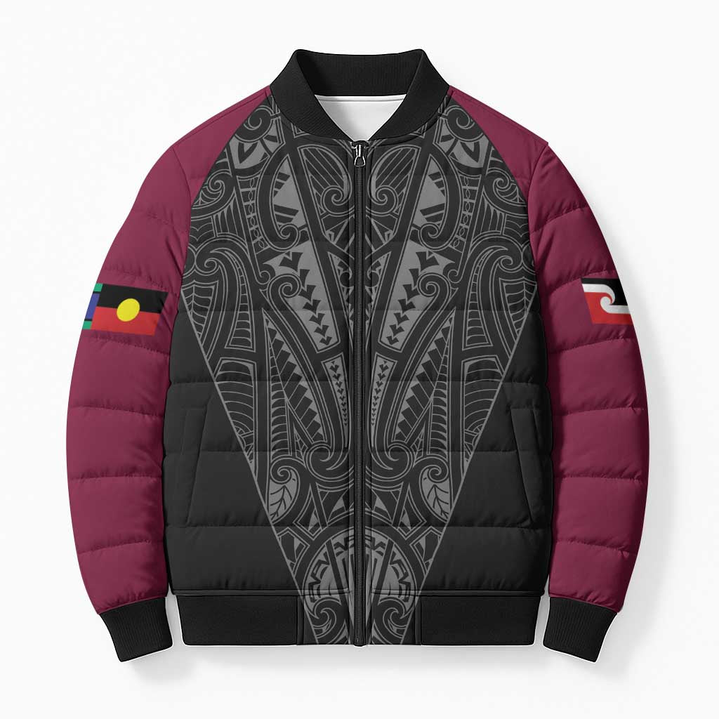 Queensland Maori Rugby Nga Hau e Wha Bomber Puffer Jacket Maroon Motif LT9 Unisex Maroon - Polynesian Pride