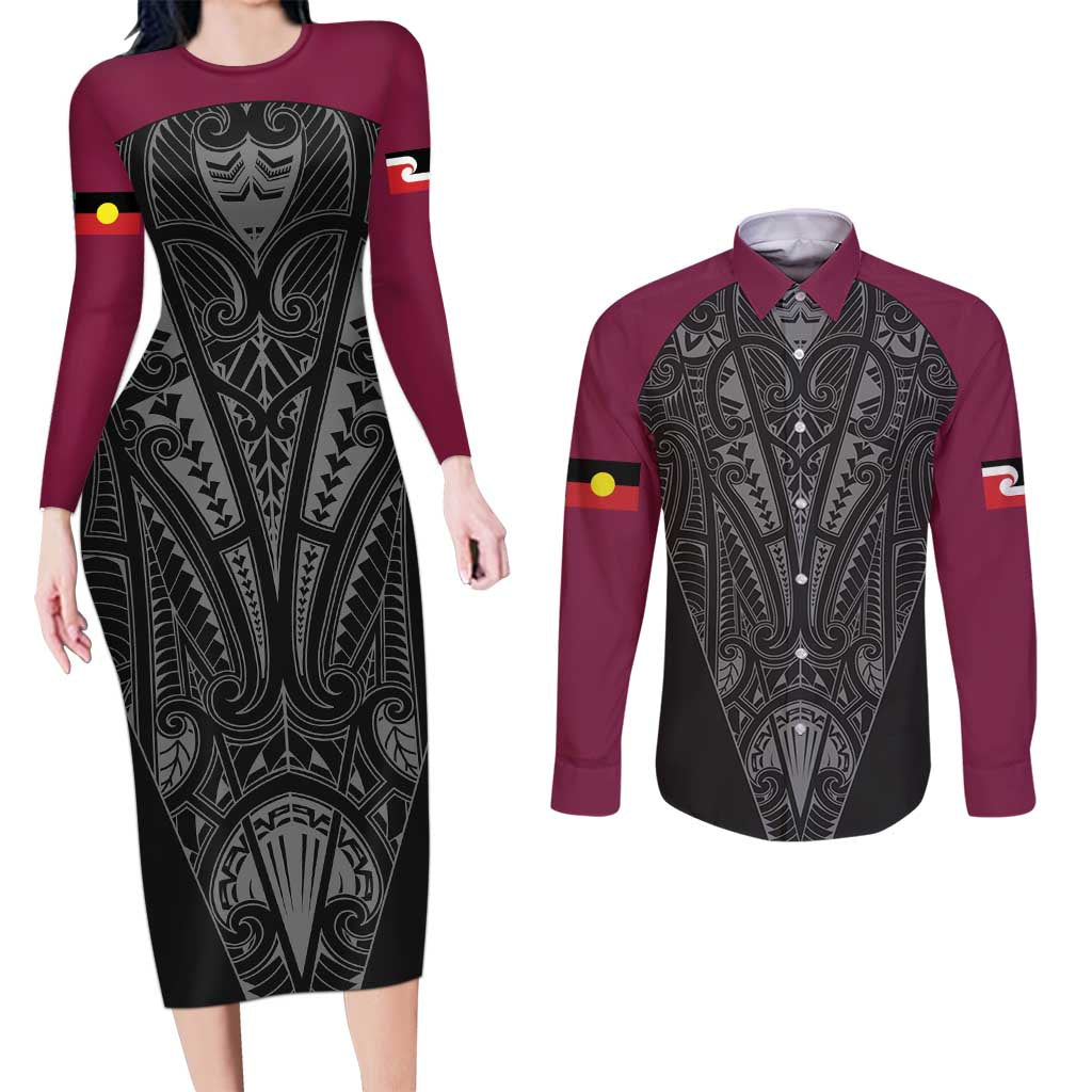 Queensland Maori Rugby Nga Hau e Wha Couples Matching Long Sleeve Bodycon Dress and Long Sleeve Button Shirt Maroon Motif LT9 Maroon - Polynesian Pride
