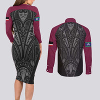 Queensland Maori Rugby Nga Hau e Wha Couples Matching Long Sleeve Bodycon Dress and Long Sleeve Button Shirt Maroon Motif LT9 - Polynesian Pride