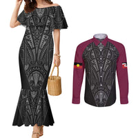 Queensland Maori Rugby Nga Hau e Wha Couples Matching Mermaid Dress and Long Sleeve Button Shirt Maroon Motif LT9 Maroon - Polynesian Pride