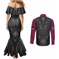 Queensland Maori Rugby Nga Hau e Wha Couples Matching Mermaid Dress and Long Sleeve Button Shirt Maroon Motif LT9 - Polynesian Pride
