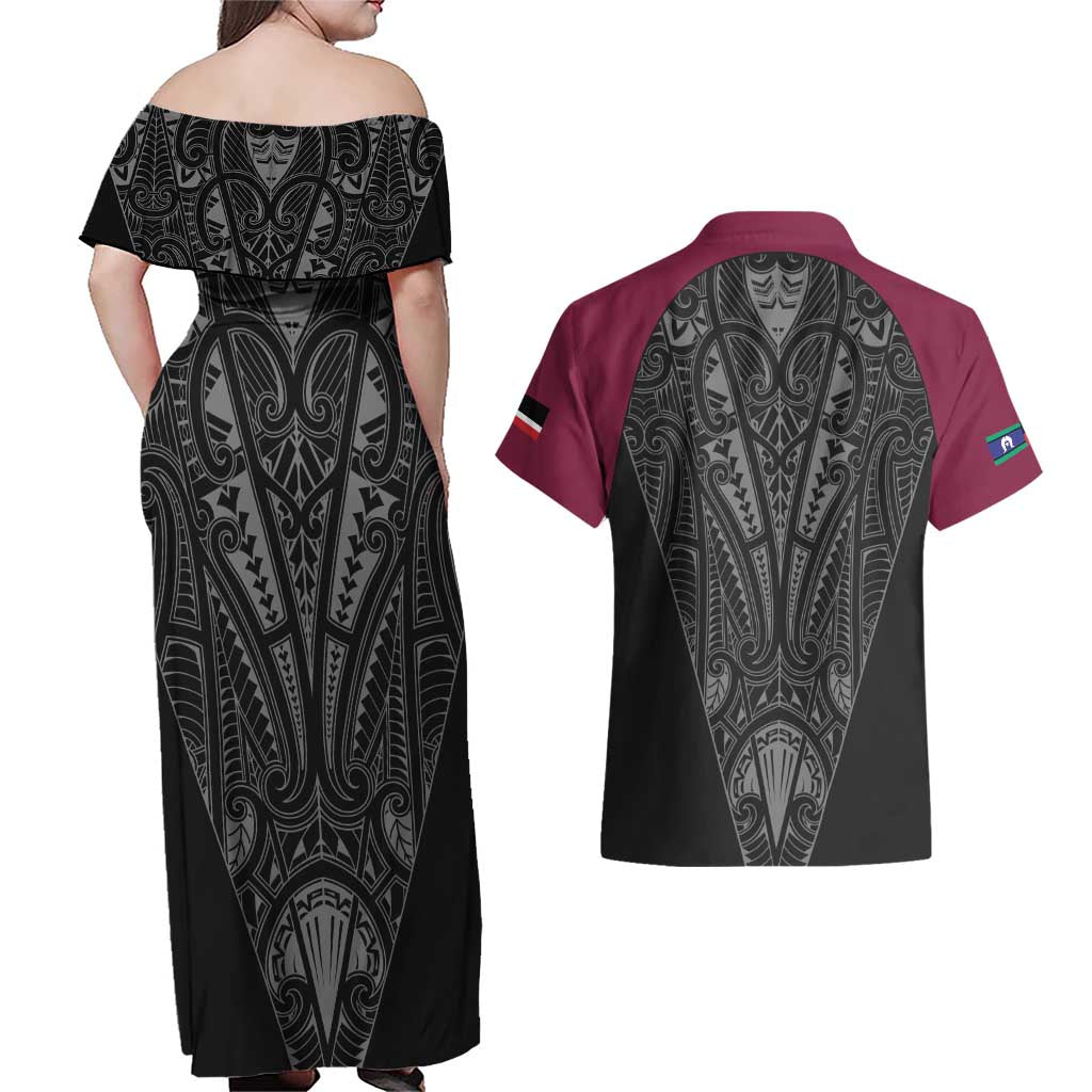 Queensland Maori Rugby Nga Hau e Wha Couples Matching Off Shoulder Maxi Dress and Hawaiian Shirt Maroon Motif LT9 - Polynesian Pride