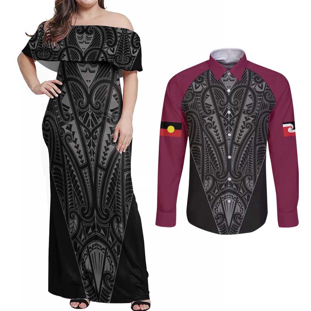 Queensland Maori Rugby Nga Hau e Wha Couples Matching Off Shoulder Maxi Dress and Long Sleeve Button Shirt Maroon Motif LT9 Maroon - Polynesian Pride