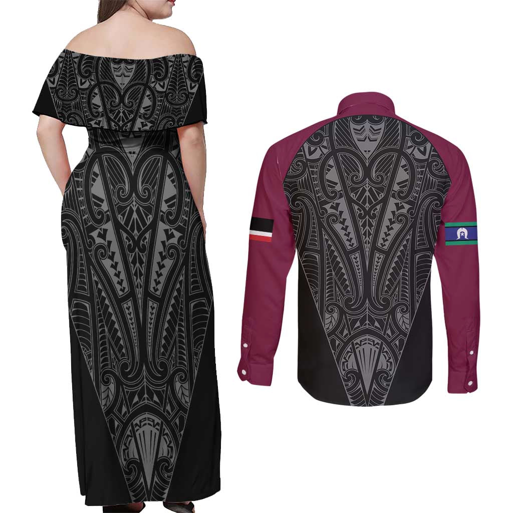 Queensland Maori Rugby Nga Hau e Wha Couples Matching Off Shoulder Maxi Dress and Long Sleeve Button Shirt Maroon Motif LT9 - Polynesian Pride