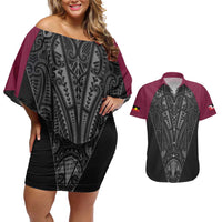 Queensland Maori Rugby Nga Hau e Wha Couples Matching Off Shoulder Short Dress and Hawaiian Shirt Maroon Motif LT9 Maroon - Polynesian Pride