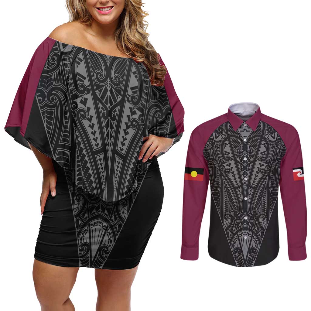Queensland Maori Rugby Nga Hau e Wha Couples Matching Off Shoulder Short Dress and Long Sleeve Button Shirt Maroon Motif LT9 Maroon - Polynesian Pride