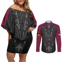 Queensland Maori Rugby Nga Hau e Wha Couples Matching Off Shoulder Short Dress and Long Sleeve Button Shirt Maroon Motif LT9 Maroon - Polynesian Pride