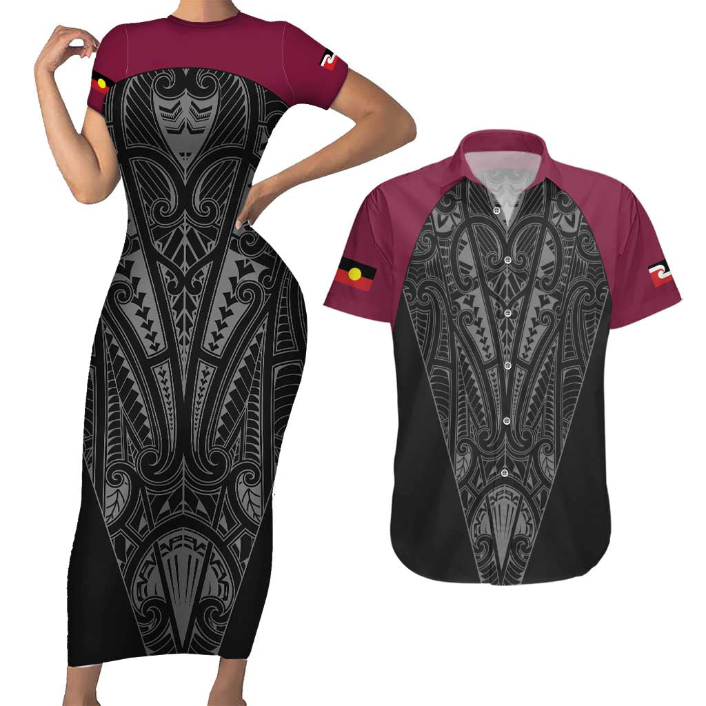 Queensland Maori Rugby Nga Hau e Wha Couples Matching Short Sleeve Bodycon Dress and Hawaiian Shirt Maroon Motif LT9 Maroon - Polynesian Pride