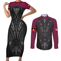 Queensland Maori Rugby Nga Hau e Wha Couples Matching Short Sleeve Bodycon Dress and Long Sleeve Button Shirt Maroon Motif LT9 Maroon - Polynesian Pride
