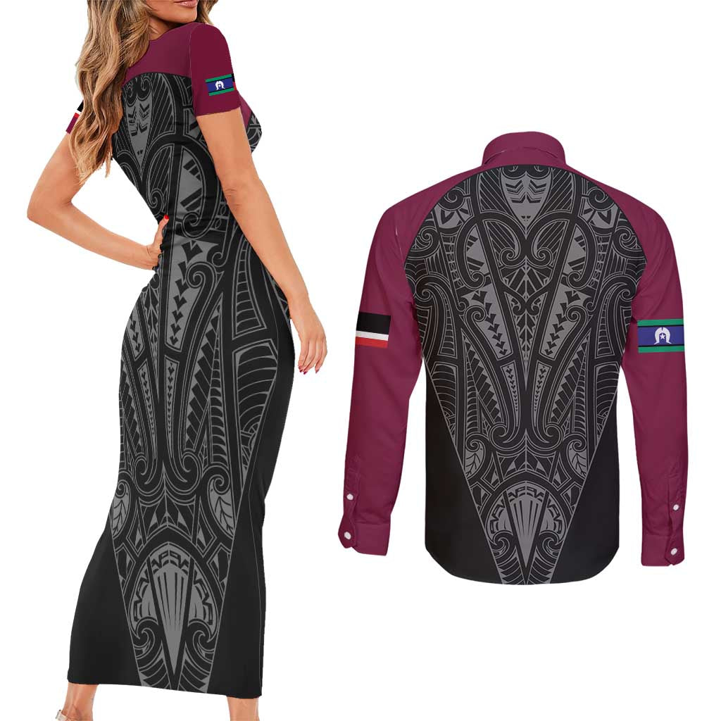 Queensland Maori Rugby Nga Hau e Wha Couples Matching Short Sleeve Bodycon Dress and Long Sleeve Button Shirt Maroon Motif LT9 - Polynesian Pride