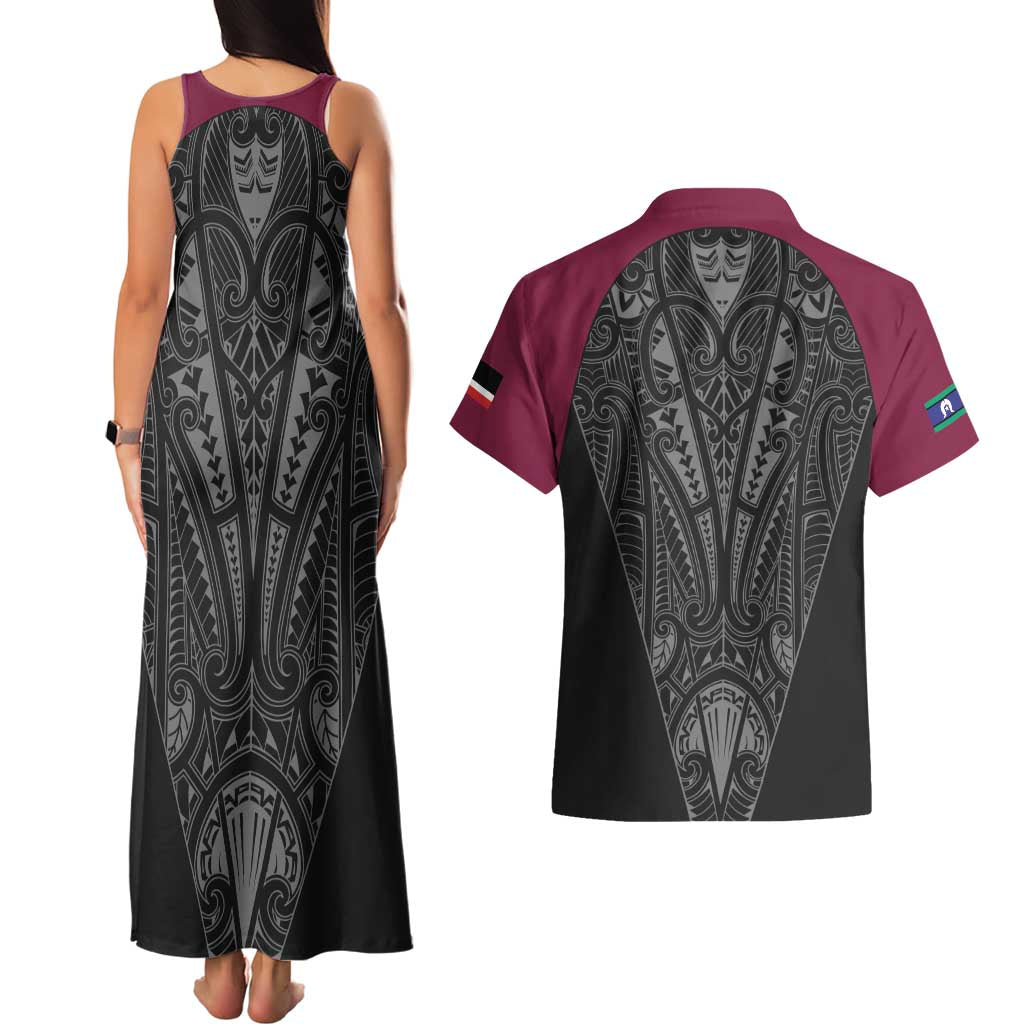 Queensland Maori Rugby Nga Hau e Wha Couples Matching Tank Maxi Dress and Hawaiian Shirt Maroon Motif LT9 - Polynesian Pride