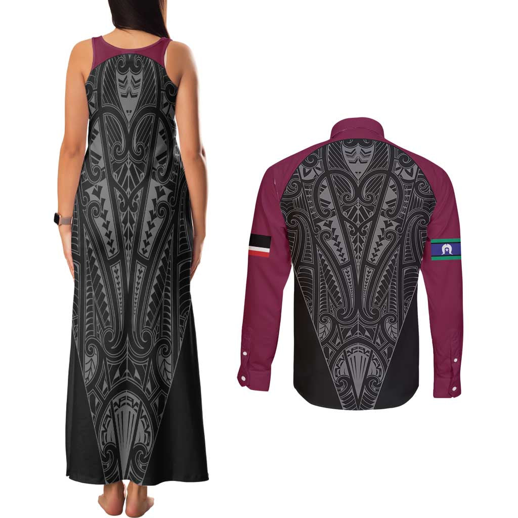 Queensland Maori Rugby Nga Hau e Wha Couples Matching Tank Maxi Dress and Long Sleeve Button Shirt Maroon Motif LT9 - Polynesian Pride