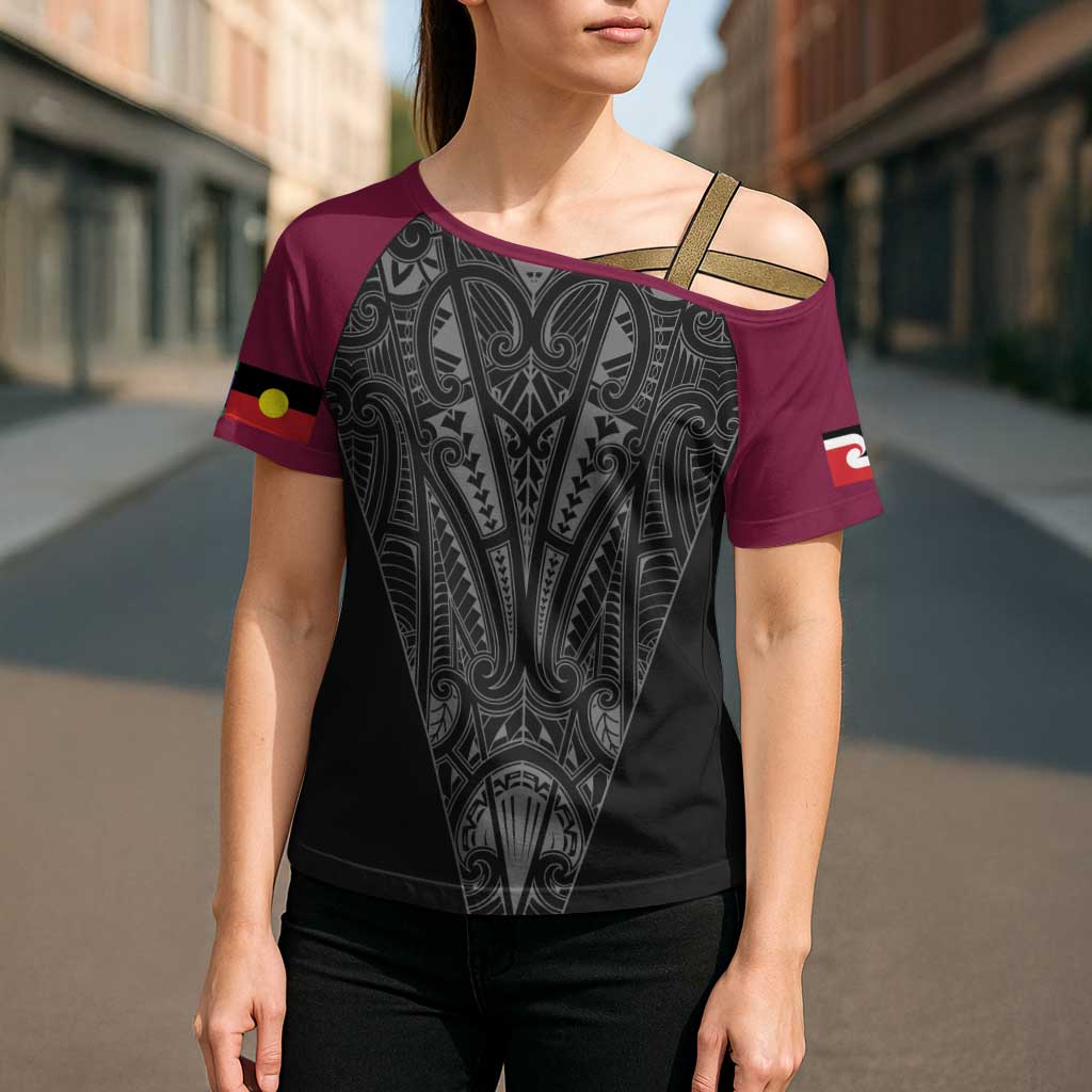 Queensland Maori Rugby Nga Hau e Wha Cross Shoulder Shirt Maroon Motif - Polynesian Pride