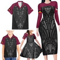 Queensland Maori Rugby Nga Hau e Wha Family Matching Long Sleeve Bodycon Dress and Hawaiian Shirt Maroon Motif LT9 - Polynesian Pride