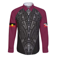 Queensland Maori Rugby Nga Hau e Wha Family Matching Long Sleeve Bodycon Dress and Hawaiian Shirt Maroon Motif LT9 Dad's Shirt - Long Sleeve Maroon - Polynesian Pride