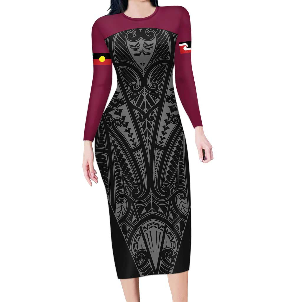 Queensland Maori Rugby Nga Hau e Wha Family Matching Long Sleeve Bodycon Dress and Hawaiian Shirt Maroon Motif LT9 Mom's Dress Maroon - Polynesian Pride