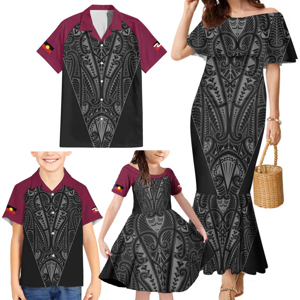 Queensland Maori Rugby Nga Hau e Wha Family Matching Mermaid Dress and Hawaiian Shirt Maroon Motif LT9 - Polynesian Pride