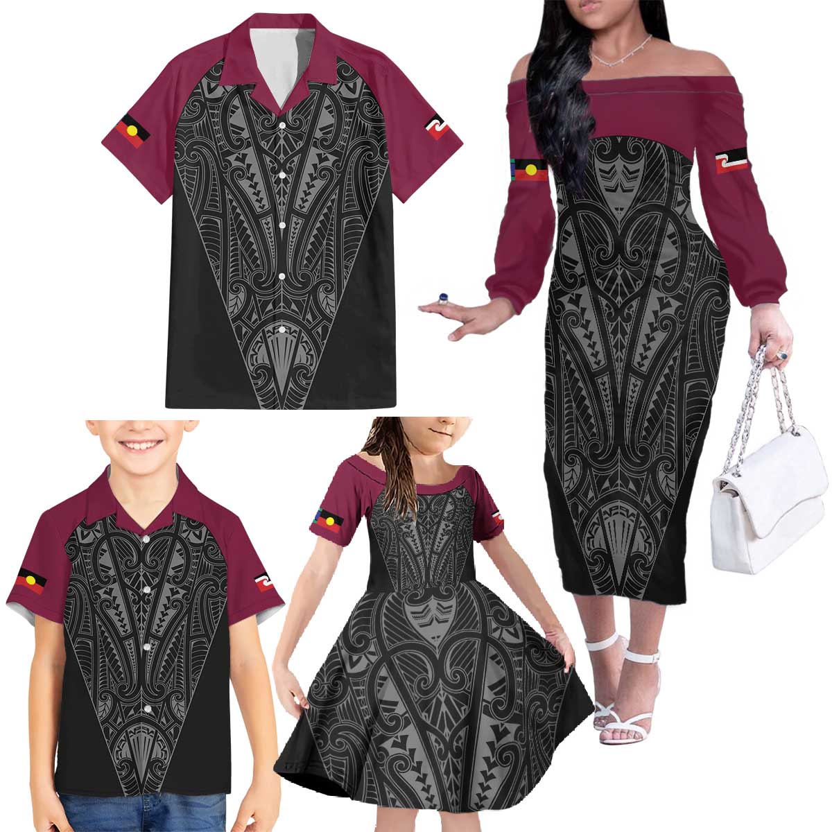 Queensland Maori Rugby Nga Hau e Wha Family Matching Off The Shoulder Long Sleeve Dress and Hawaiian Shirt Maroon Motif LT9 - Polynesian Pride