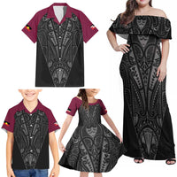 Queensland Maori Rugby Nga Hau e Wha Family Matching Off Shoulder Maxi Dress and Hawaiian Shirt Maroon Motif LT9 - Polynesian Pride