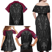 Queensland Maori Rugby Nga Hau e Wha Family Matching Off Shoulder Maxi Dress and Hawaiian Shirt Maroon Motif LT9 - Polynesian Pride