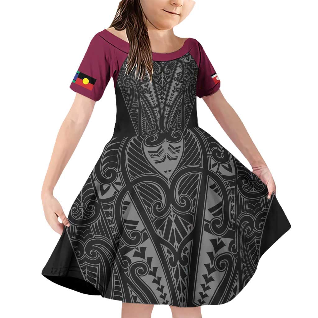 Queensland Maori Rugby Nga Hau e Wha Family Matching Off Shoulder Short Dress and Hawaiian Shirt Maroon Motif LT9 Daughter's Dress Maroon - Polynesian Pride