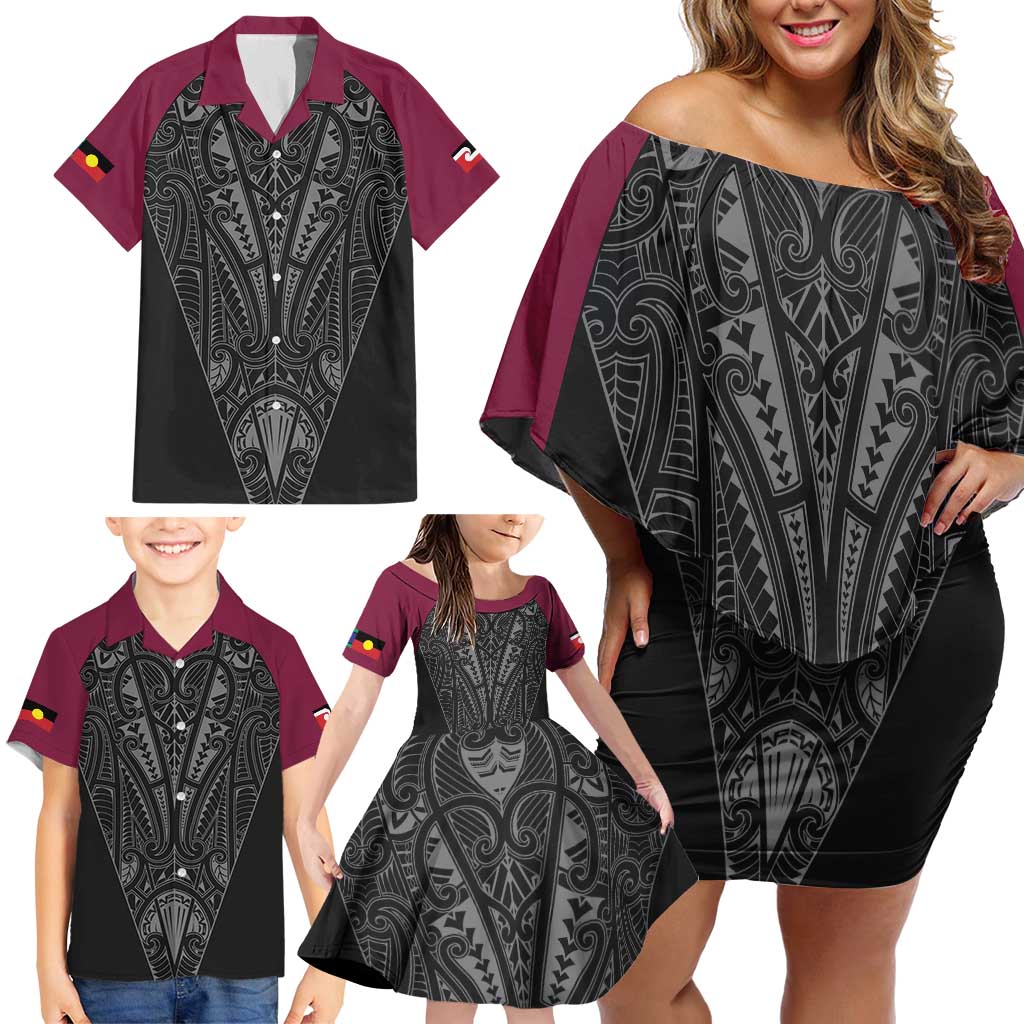 Queensland Maori Rugby Nga Hau e Wha Family Matching Off Shoulder Short Dress and Hawaiian Shirt Maroon Motif LT9 - Polynesian Pride