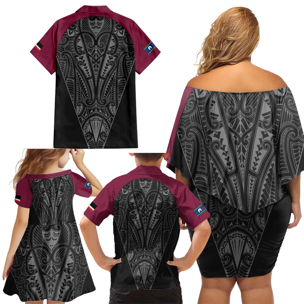Queensland Maori Rugby Nga Hau e Wha Family Matching Off Shoulder Short Dress and Hawaiian Shirt Maroon Motif LT9 - Polynesian Pride
