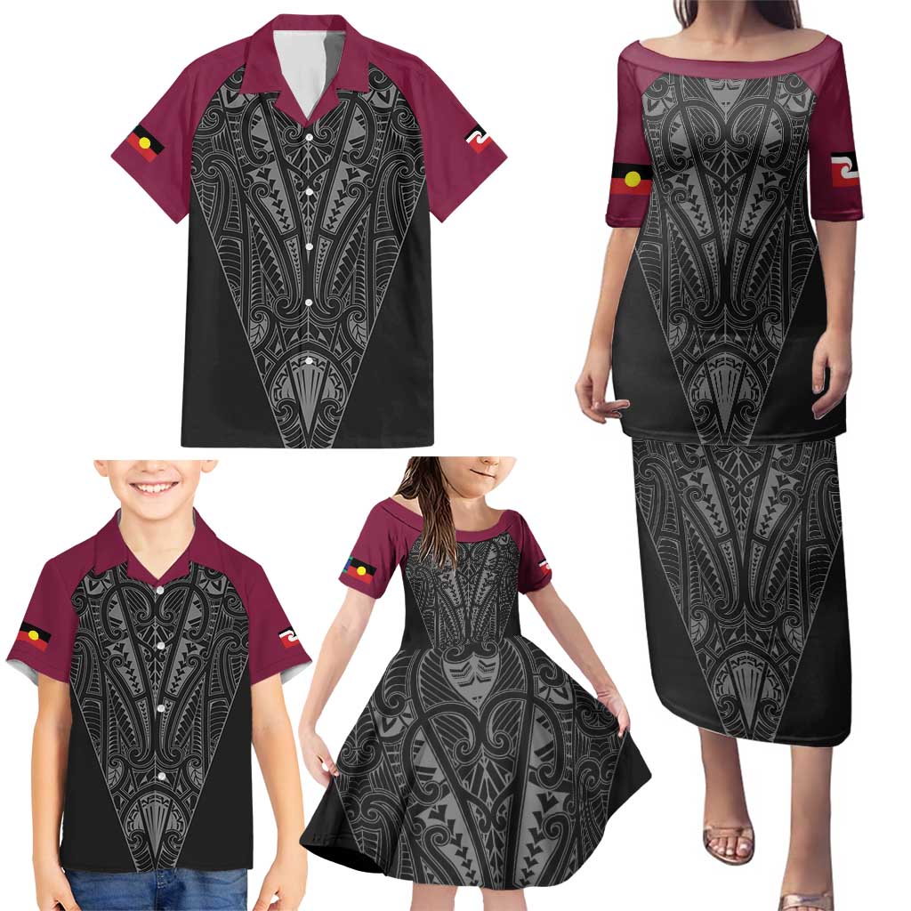 Queensland Maori Rugby Nga Hau e Wha Family Matching Puletasi and Hawaiian Shirt Maroon Motif LT9 - Polynesian Pride