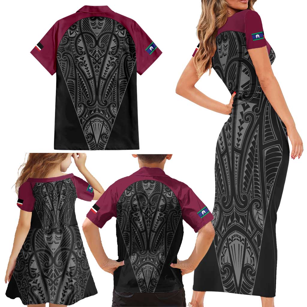 Queensland Maori Rugby Nga Hau e Wha Family Matching Short Sleeve Bodycon Dress and Hawaiian Shirt Maroon Motif LT9 - Polynesian Pride