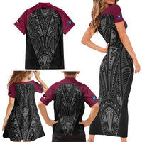 Queensland Maori Rugby Nga Hau e Wha Family Matching Short Sleeve Bodycon Dress and Hawaiian Shirt Maroon Motif LT9 - Polynesian Pride