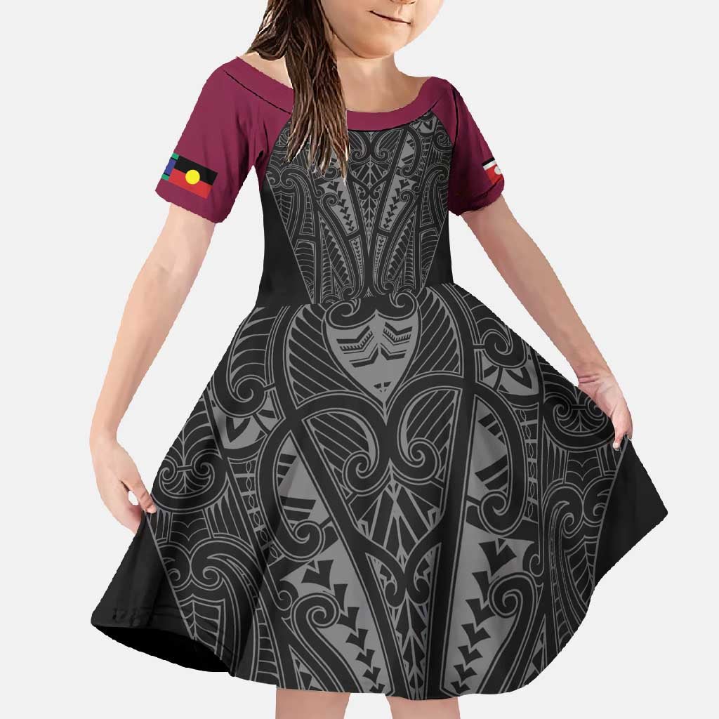 Queensland Maori Rugby Nga Hau e Wha Family Matching Summer Maxi Dress and Hawaiian Shirt Maroon Motif LT9 Daughter's Dress Maroon - Polynesian Pride