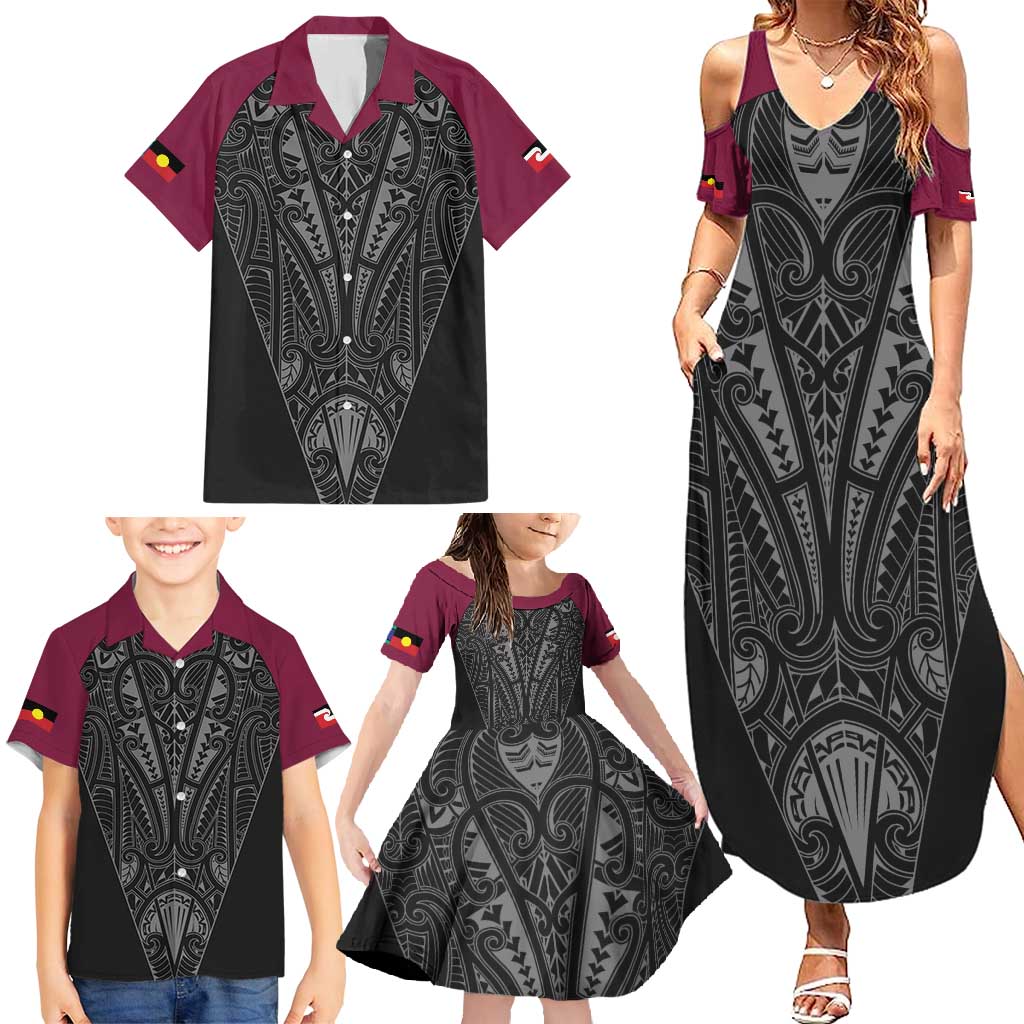 Queensland Maori Rugby Nga Hau e Wha Family Matching Summer Maxi Dress and Hawaiian Shirt Maroon Motif LT9 - Polynesian Pride